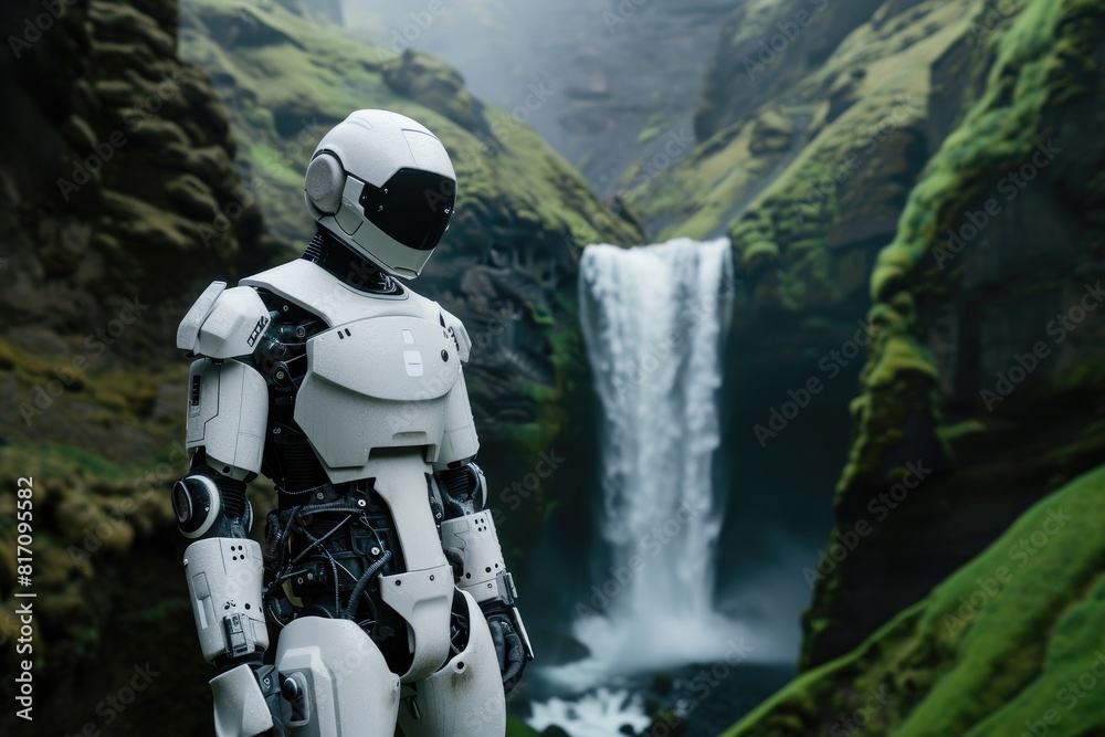 Realm's Keeper: Ethereal Robot Amidst Iceland's Waterfall Veil Realm's Keeper: Ethereal Robot Amidst Iceland's Waterfall Veil