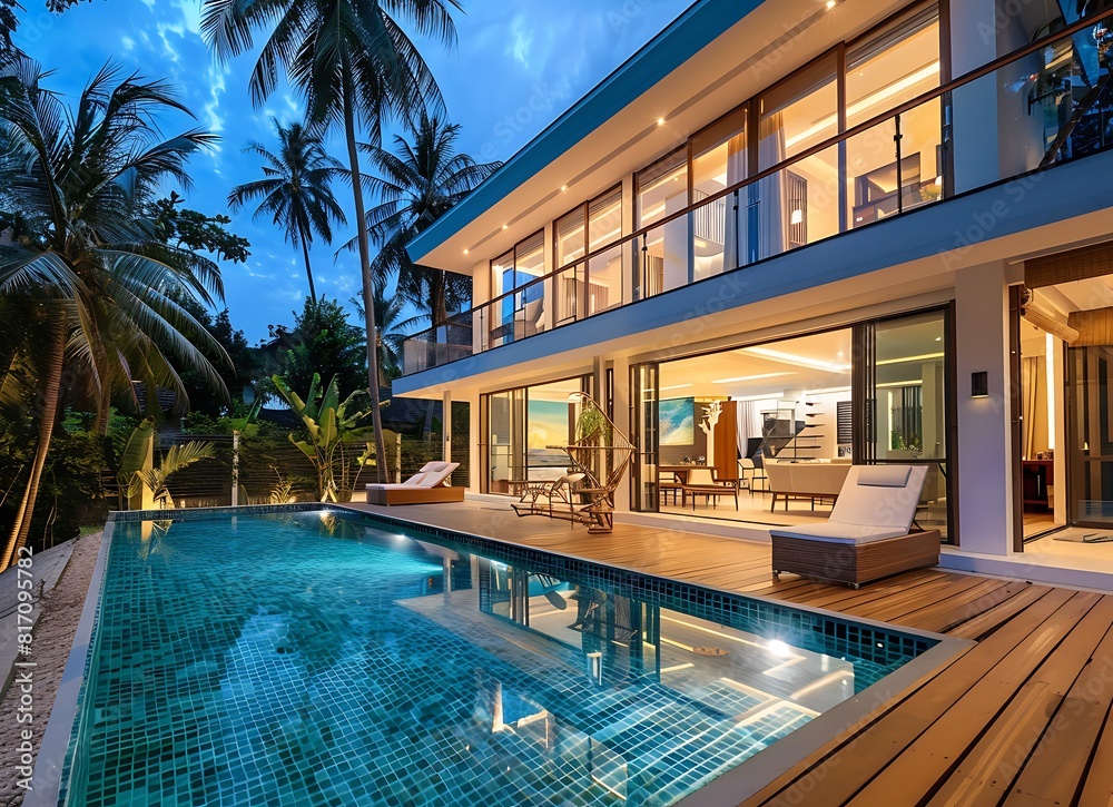 A modern and luxurious two-story villa with an outdoor swimming pool, night view of the starry sky, 