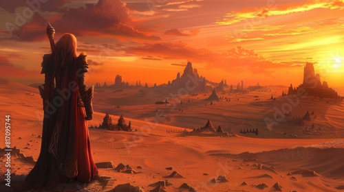 A man stands in a desert with a sword in his hand