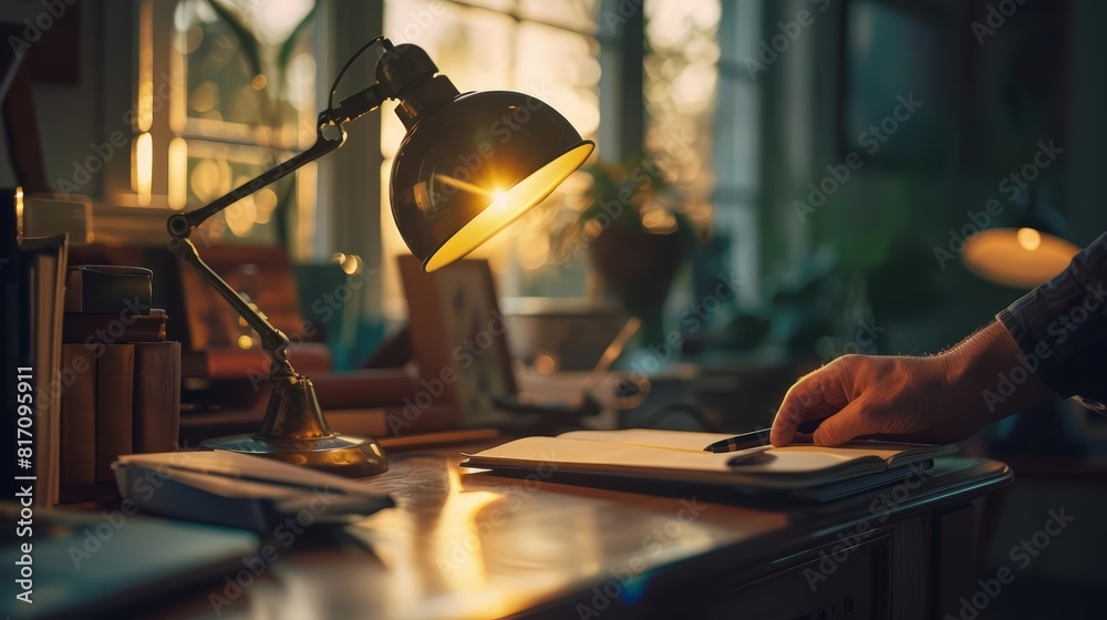 Naklejka premium Close up of a hand adjusting a lamp, light casting shadows and illuminating a blurred, quiet study corner, sharpen with copy space