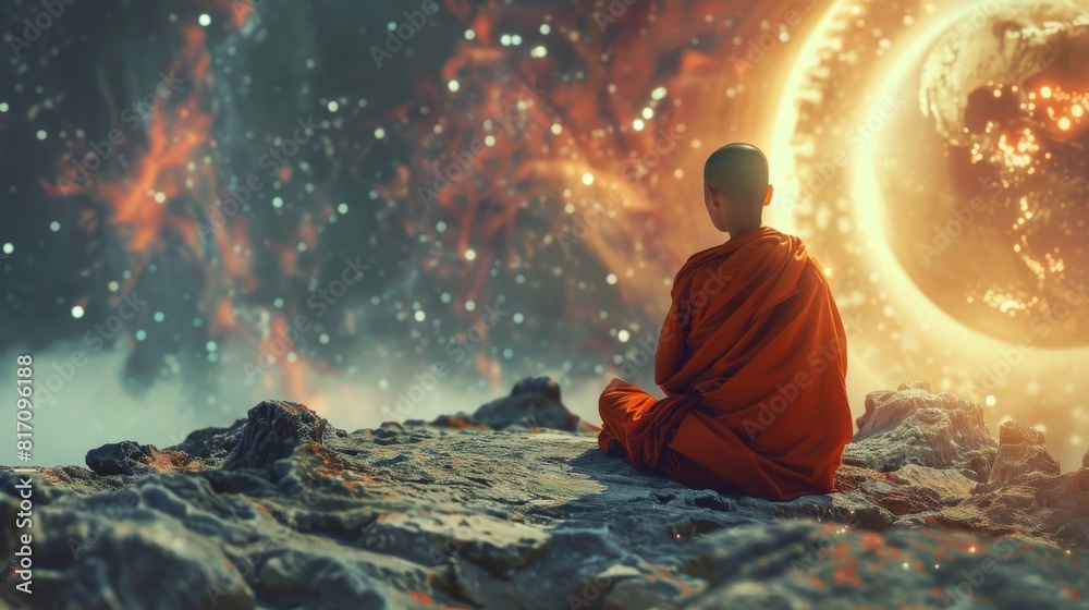 A man in a red robe is sitting on a rock in front of a large, glowing planet