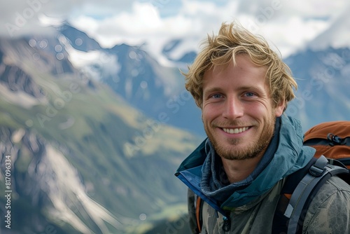 Smiling man backpack mountain mountains background © Sandu