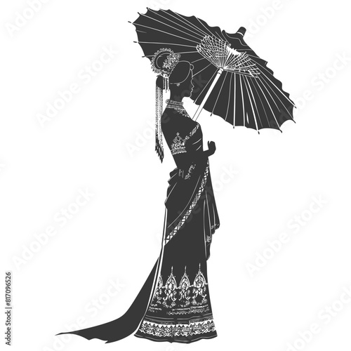silhouette independent thai women wearing chut thai with umbrella black color only