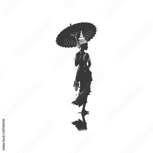 silhouette independent thai women wearing chut thai with umbrella black color only