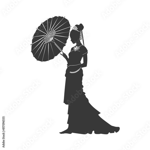 silhouette independent thai women wearing chut thai with umbrella black color only