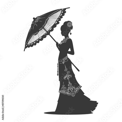 silhouette independent thai women wearing chut thai with umbrella black color only