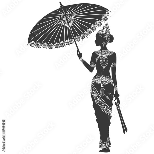 silhouette independent thai women wearing chut thai with umbrella black color only