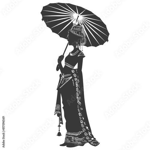 silhouette independent thai women wearing chut thai with umbrella black color only