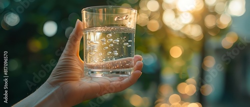 Close up of a hand holding a glass of water, hydration sparkling within, set against a blurred backdrop of a hot summer day, vital and refreshing, sharpen with copy space