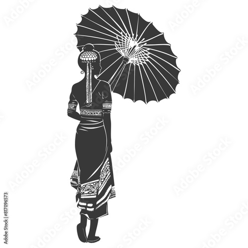 silhouette independent thai women wearing chut thai with umbrella black color only