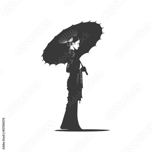 silhouette independent thai women wearing chut thai with umbrella black color only