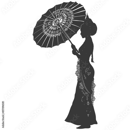 silhouette independent thai women wearing chut thai with umbrella black color only