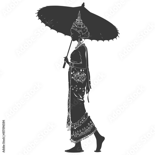 silhouette independent thai women wearing chut thai with umbrella black color only