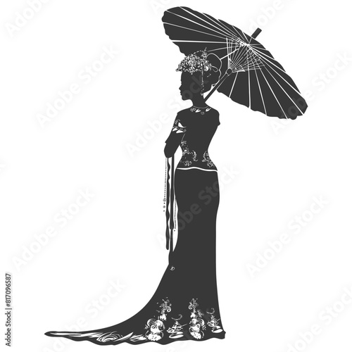 silhouette independent thai women wearing chut thai with umbrella black color only