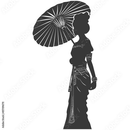 silhouette independent thai women wearing chut thai with umbrella black color only