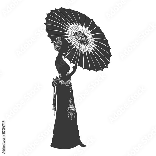 silhouette independent thai women wearing chut thai with umbrella black color only