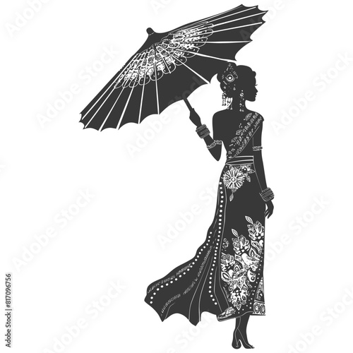 silhouette independent thai women wearing chut thai with umbrella black color only