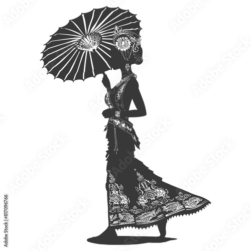 silhouette independent thai women wearing chut thai with umbrella black color only