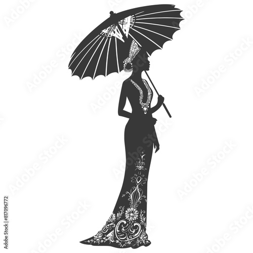 silhouette independent thai women wearing chut thai with umbrella black color only