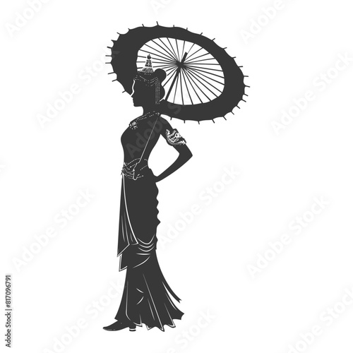 silhouette independent thai women wearing chut thai with umbrella black color only
