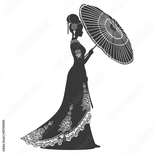 silhouette independent thai women wearing chut thai with umbrella black color only