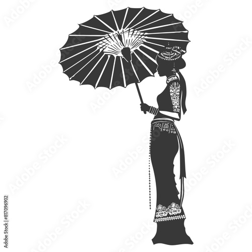silhouette independent thai women wearing chut thai with umbrella black color only