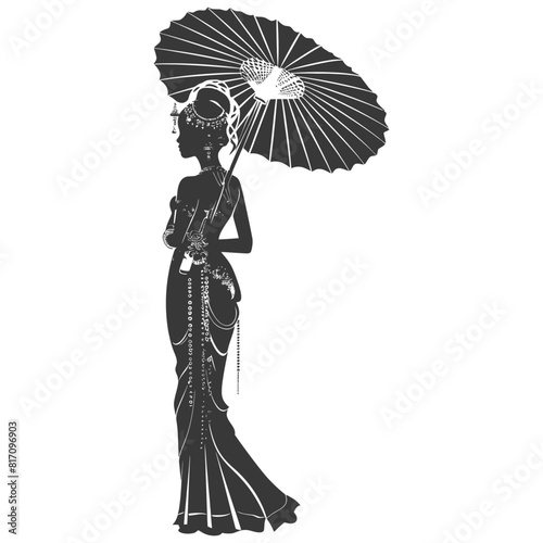 silhouette independent thai women wearing chut thai with umbrella black color only