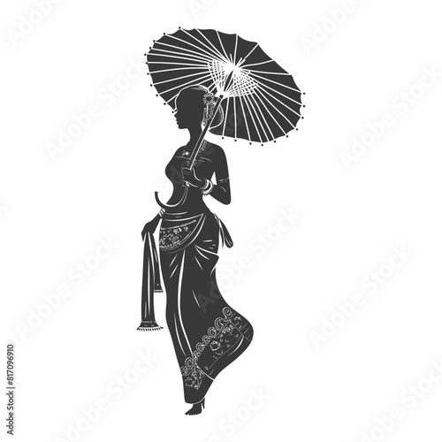 silhouette independent thai women wearing chut thai with umbrella black color only