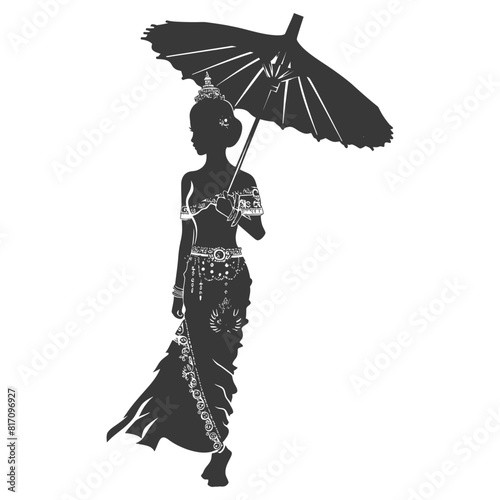 silhouette independent thai women wearing chut thai with umbrella black color only