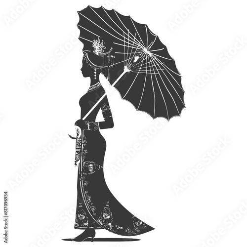 silhouette independent thai women wearing chut thai with umbrella black color only