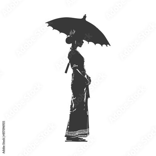 silhouette independent thai women wearing chut thai with umbrella black color only