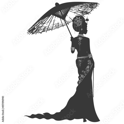 silhouette independent thai women wearing chut thai with umbrella black color only