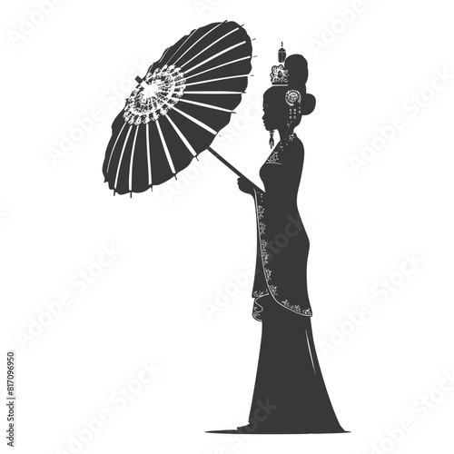 silhouette independent thai women wearing chut thai with umbrella black color only