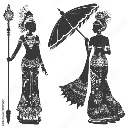 silhouette independent thai women wearing chut thai with umbrella black color only
