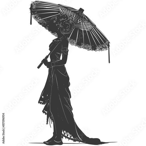 silhouette independent thai women wearing chut thai with umbrella black color only