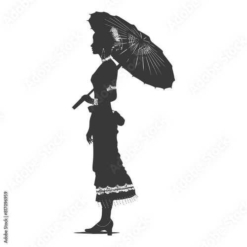 silhouette independent thai women wearing chut thai with umbrella black color only