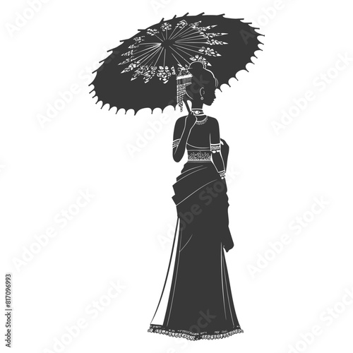 silhouette independent thai women wearing chut thai with umbrella black color only
