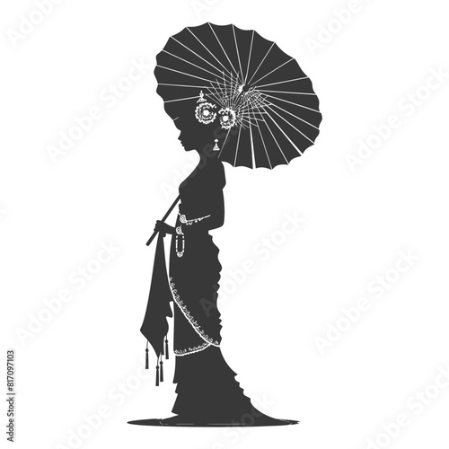 silhouette independent thai women wearing chut thai with umbrella black color only