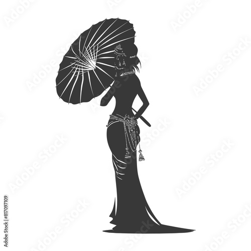 silhouette independent thai women wearing chut thai with umbrella black color only