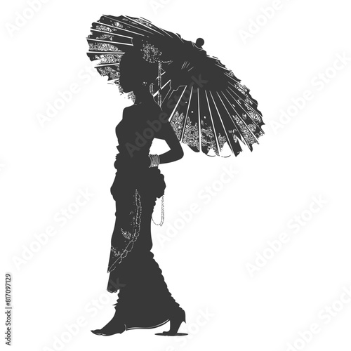 silhouette independent thai women wearing chut thai with umbrella black color only