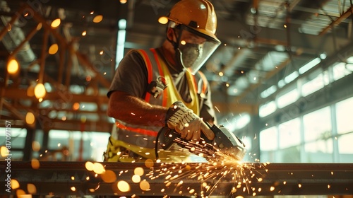 Construction Workers Precision and Craftsmanship Cutting Through a Metal Beam with a Handheld Power Tool Generative ai photo