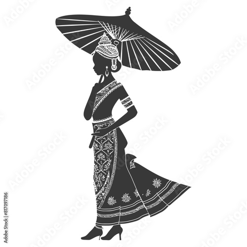 silhouette independent thai women wearing chut thai with umbrella black color only