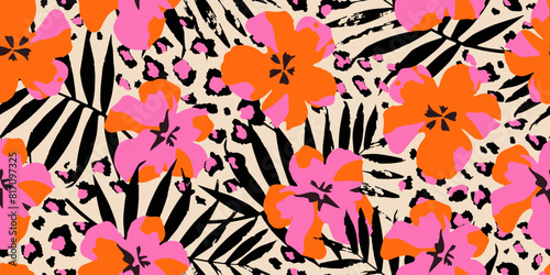Exotic hand drawn flowers print, seamless patterns with floral and leopard for fabric, textiles, clothing, poster, cover, banner, wall art, home decor, abstract backgrounds.