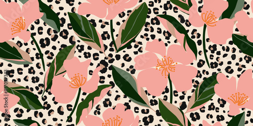 Exotic hand drawn flowers print, seamless patterns with floral and leopard for fabric, textiles, clothing, poster, cover, banner, wall art, home decor, abstract backgrounds.
