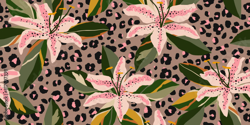Exotic hand drawn flowers print, seamless patterns with floral and leopard for fabric, textiles, clothing, poster, cover, banner, wall art, home decor, abstract backgrounds.
