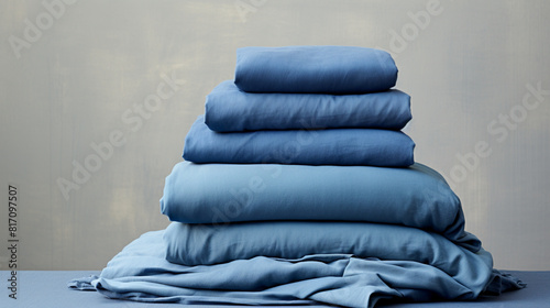 Blue bed linen stacked on top of each other photo