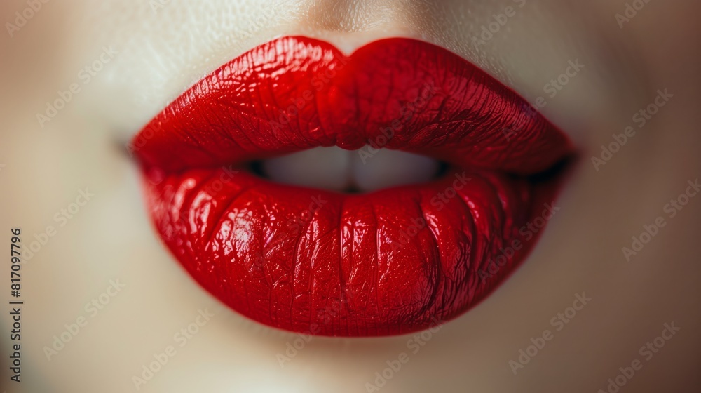 Obraz premium Close up view of a womans lips with bold red lipstick, forming a beautiful pout