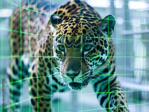 Close up of a jaguar prowling through a laser grid photo