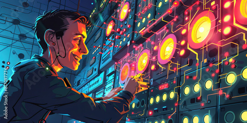 A futuristic hacker, surrounded by banks of flashing lights and beeping machinery, cracks a smile as they break into a heavily guarded server. 