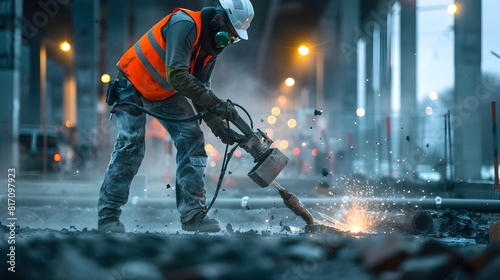 Construction Worker Wearing Protective Gear Operating a Jackhammer for Concrete Demolition Generative ai photo